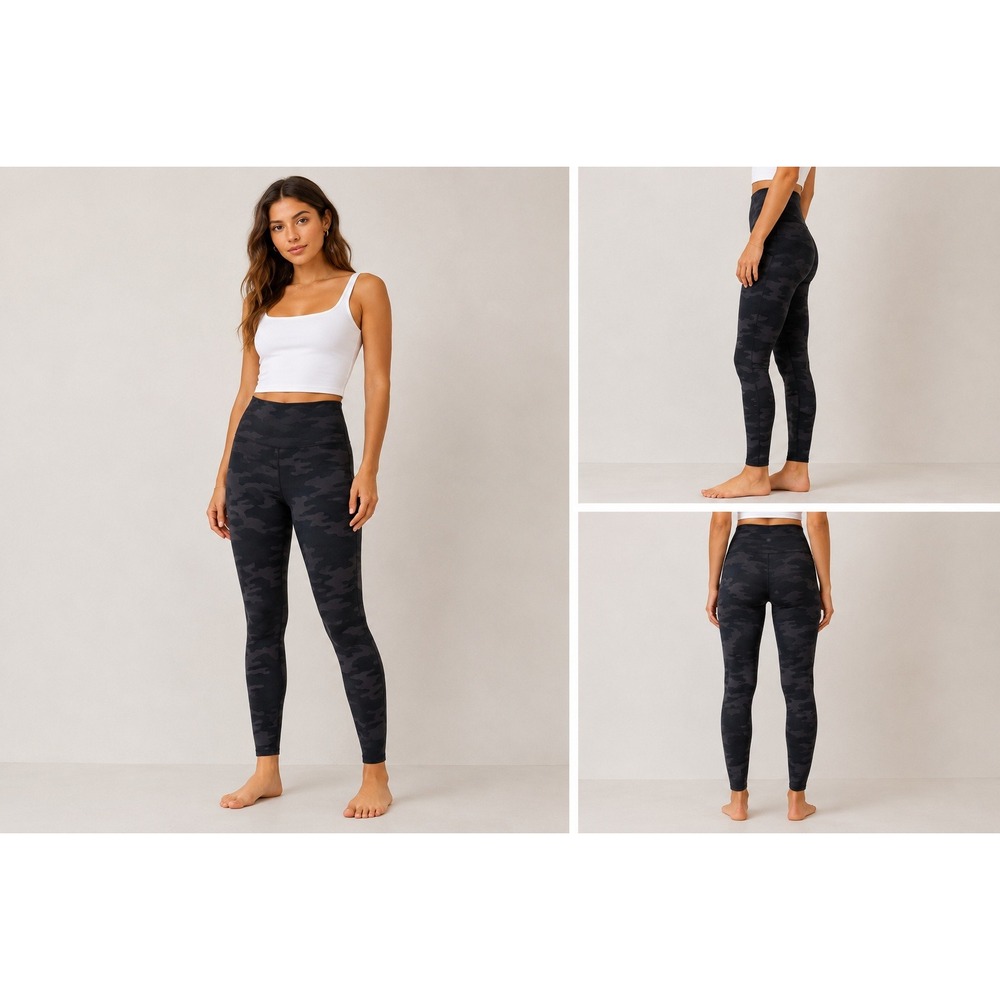 Spanx Nylon Blend Leggings M Black Camo Seamless High Waisted FL3515